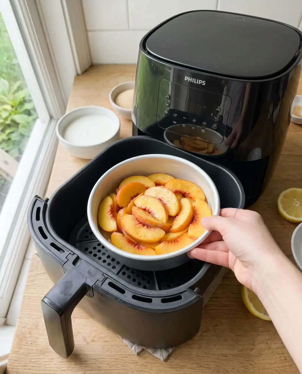 A hand lowering a round white dish of seasoned peach slices into a Philips air fryer basket
