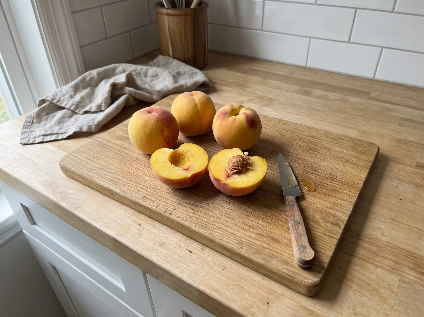 A peach cut around the seam and twisted into two halves on a board, the pit exposed