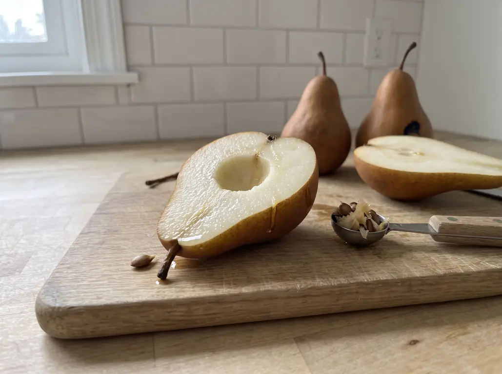 A melon baller scooping the core and stem line out of a pear half