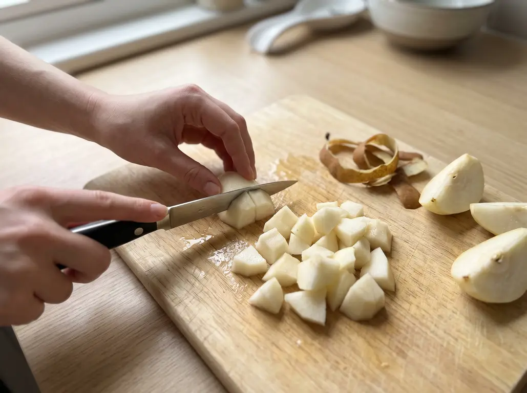 Peeled Bosc pears cut into 3/4 inch chunks on a cutting board for pear crisp
