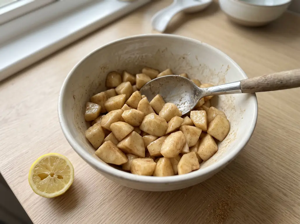 Pear chunks tossed with cornstarch, brown sugar, cinnamon and lemon juice until glossy