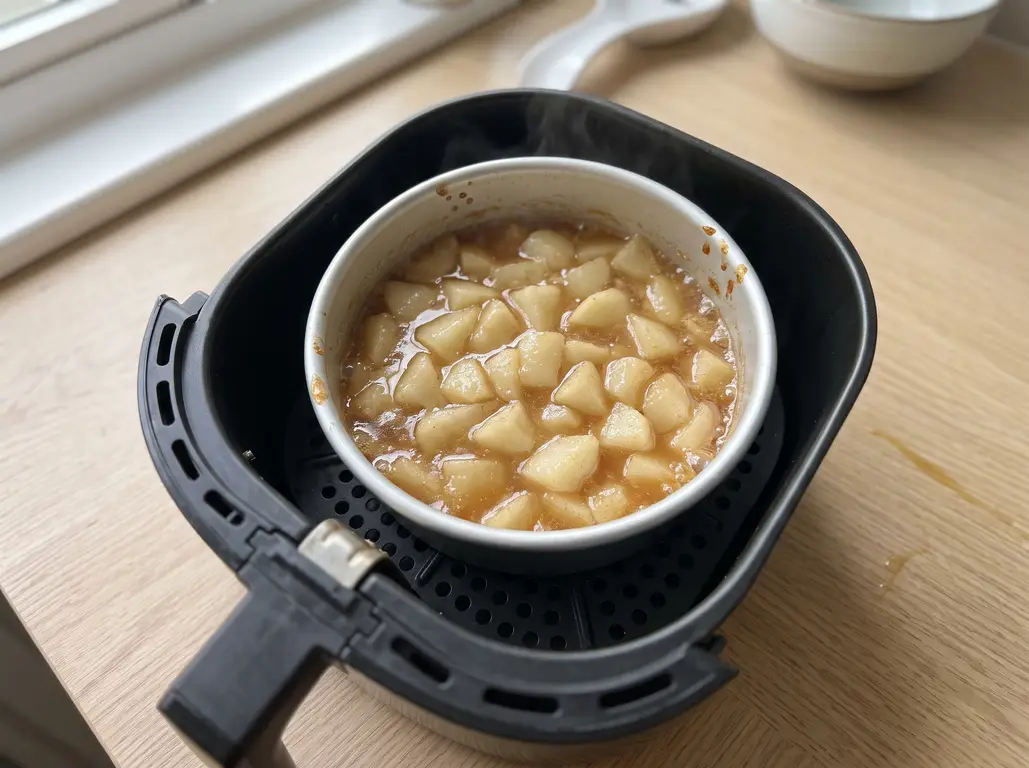 Pear chunks baking alone and uncovered in a pan in the air fryer, juice bubbling and reducing