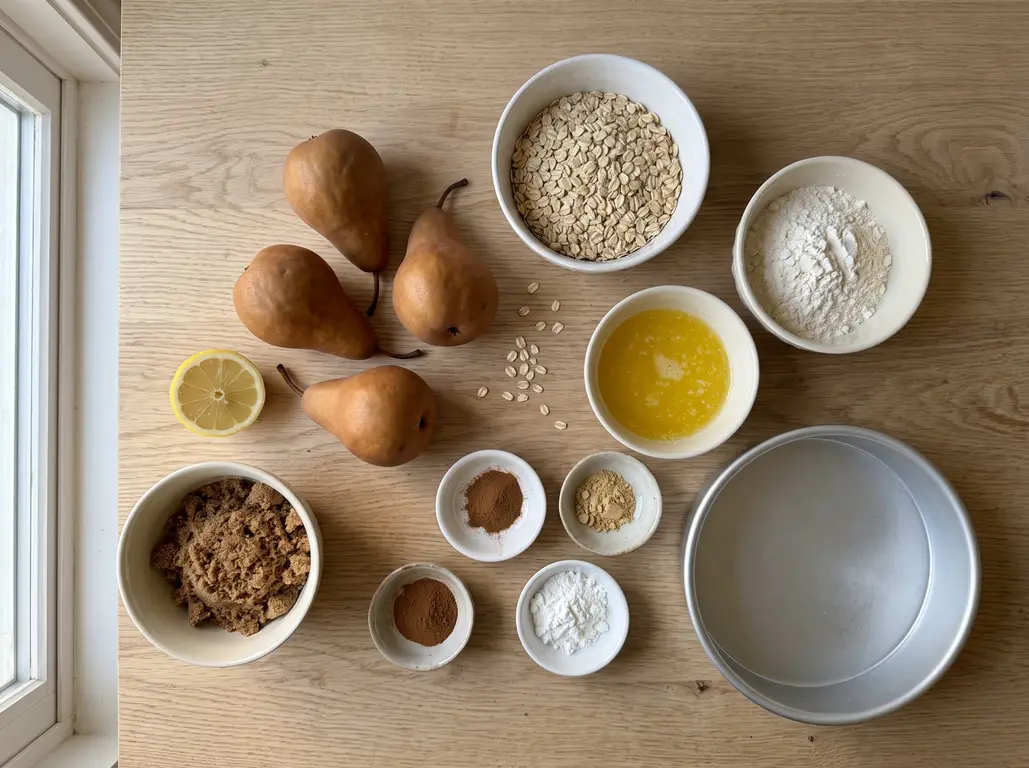 Ingredients for air fryer pear crisp: Bosc pears, oats, flour, brown sugar, butter, cornstarch and cinnamon