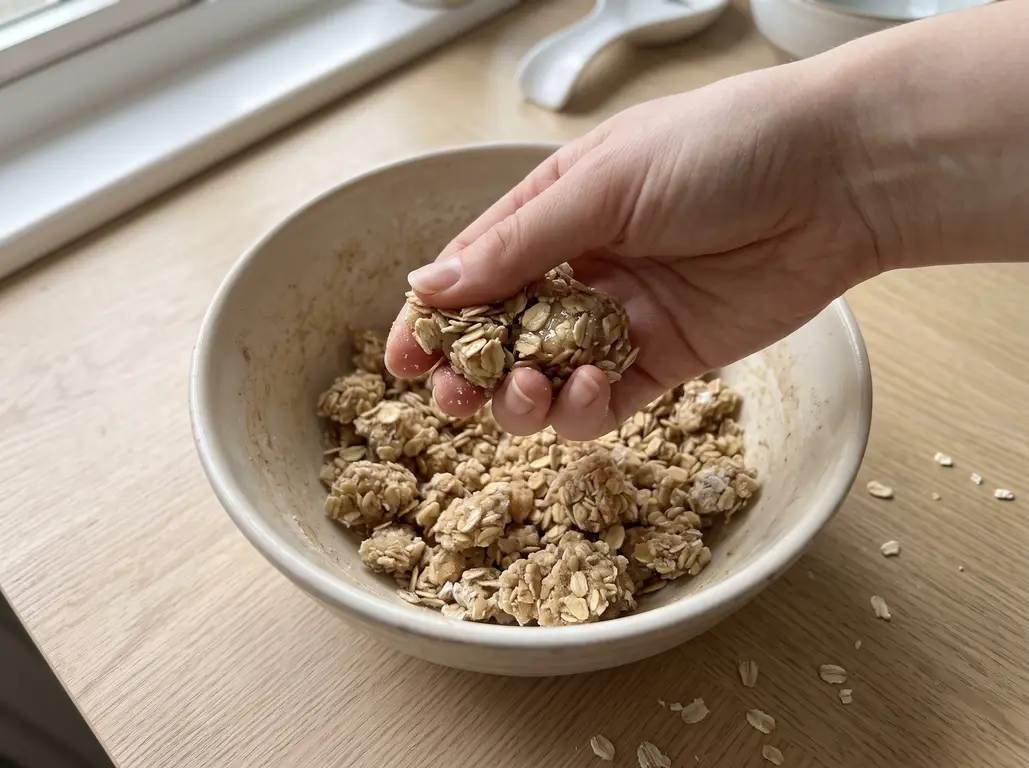 Oat crisp topping squeezed into pea and marble sized clumps in a bowl