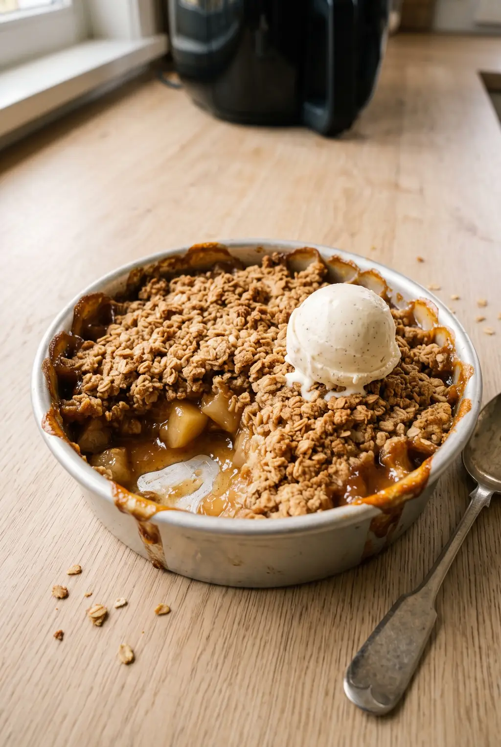 A serving of air fryer pear crisp with a scoop of vanilla ice cream, jammy pear filling holding its shape