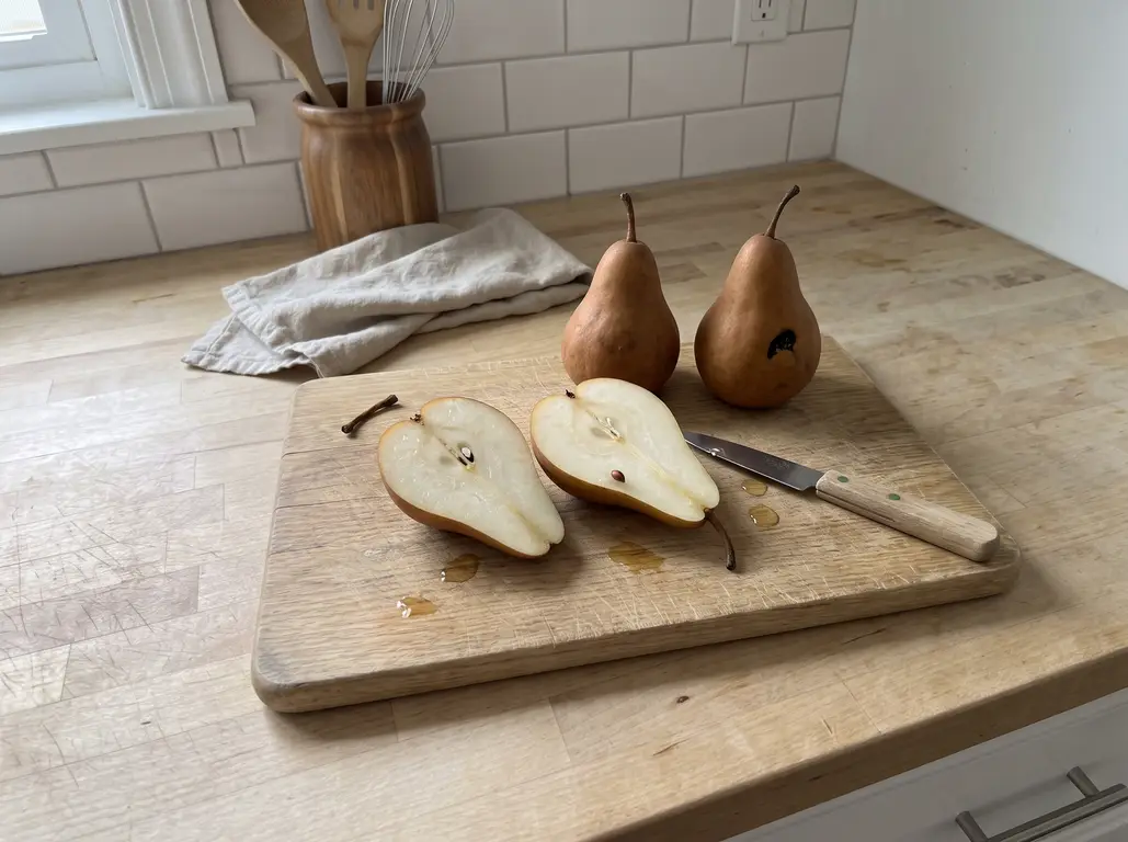 A Bosc pear halved lengthwise on a wooden board with a knife, skin on