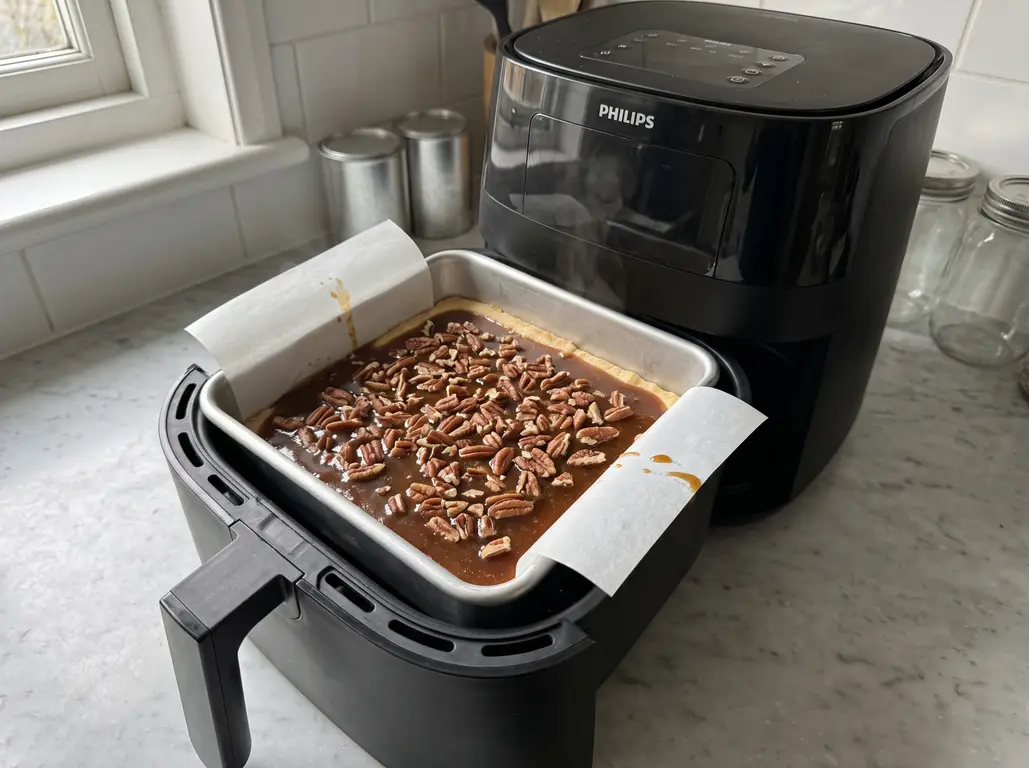 Pecan bar filling poured over the crust in a parchment-lined pan inside an air fryer basket