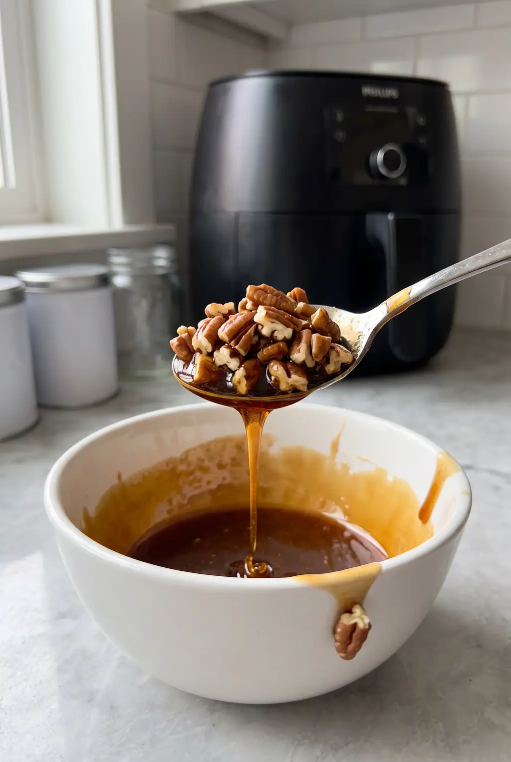 A spoonful of pecans in glossy syrup filling lifted from a white bowl