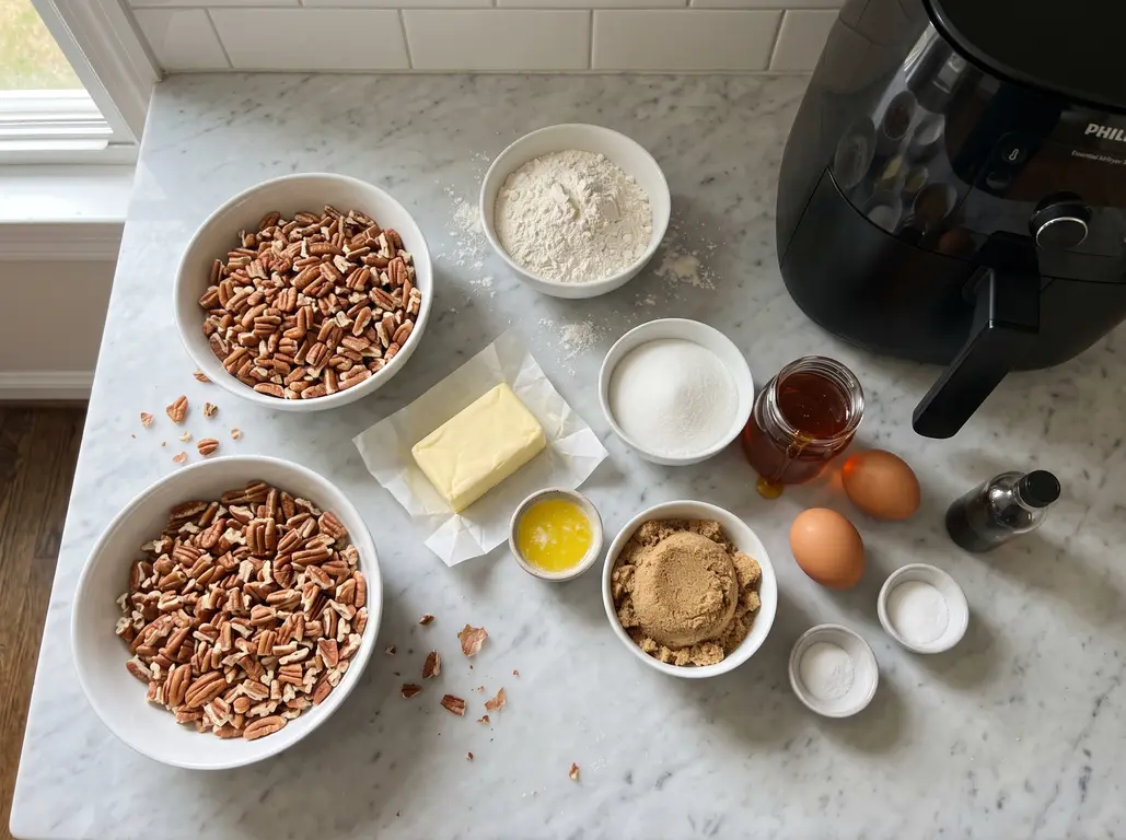 Pecan bar ingredients on a marble counter: two bowls of pecans, flour, sugar, butter, melted butter, brown sugar, corn syrup, eggs, vanilla and salt