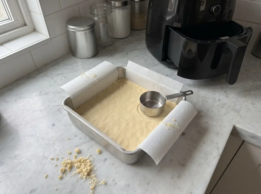 Shortbread crust pressed into a square pan lined with a parchment sling, with a measuring cup