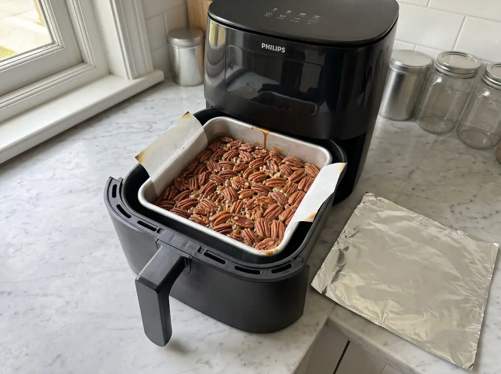 Pecan bars with a deep golden toasted pecan top in an air fryer basket, with a sheet of foil beside them