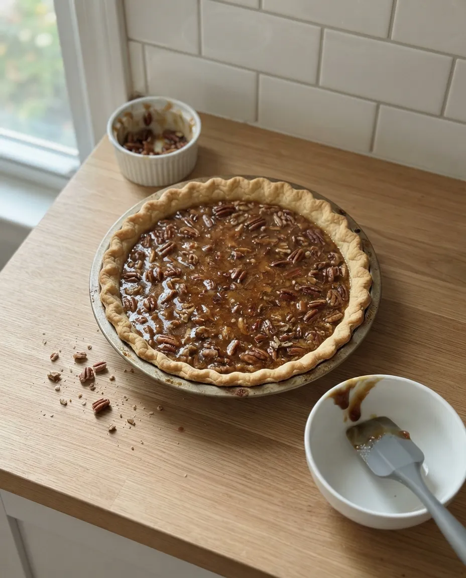 Pecan pie filling poured into a par-baked shell, with a small ramekin of extra filling behind it