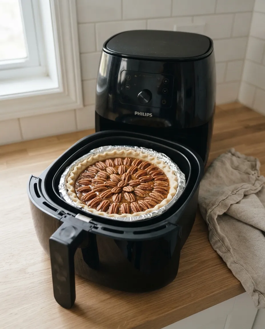 A pecan pie with a foil-ringed crust sitting uncovered in a Philips air fryer basket