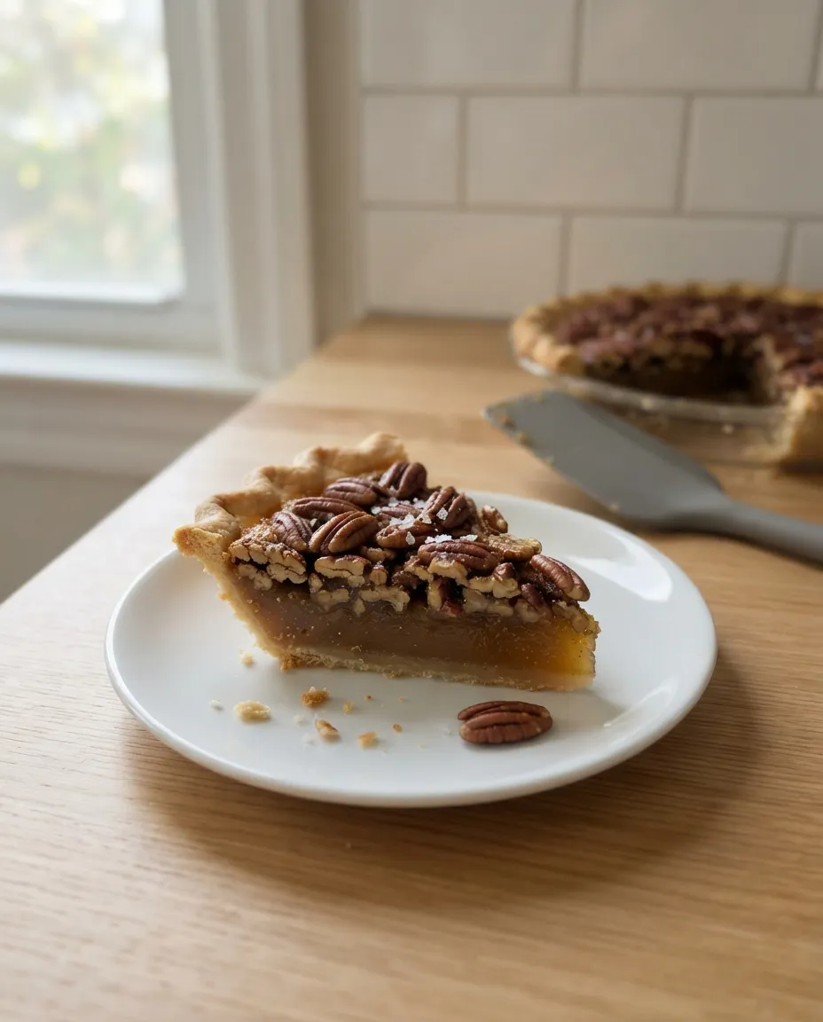 A slice of air fryer pecan pie with a set filling and toasted pecan halves on a white plate
