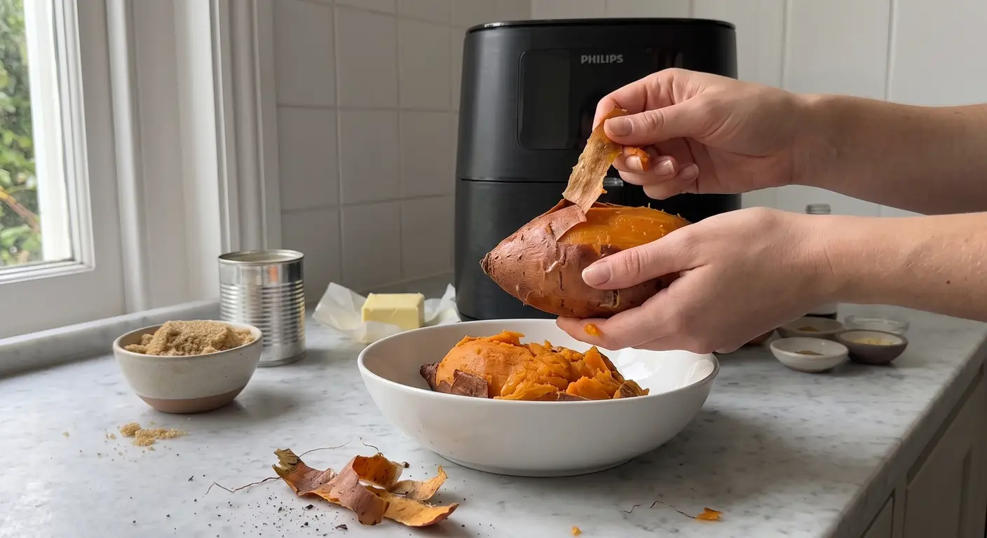 Hands peeling the skin off a roasted sweet potato over a white bowl