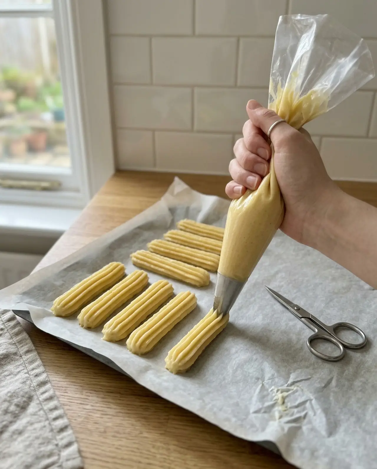 Hands piping four inch churro sticks through a large open star tip onto parchment paper, with scissors nearby to snip the ends