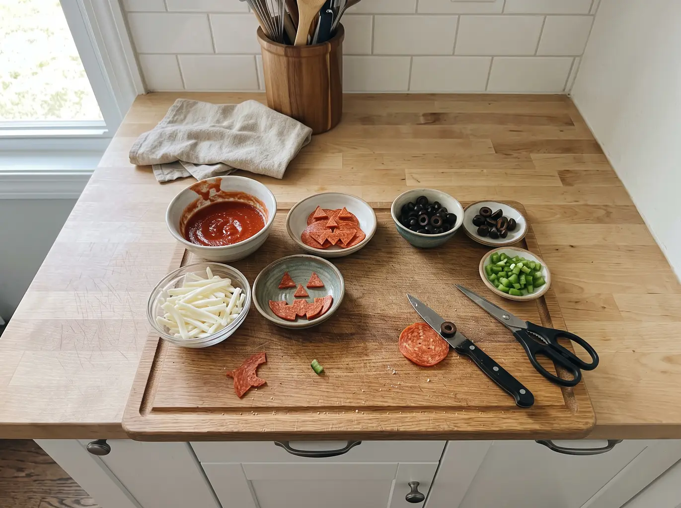 Olive and pepperoni cut into spooky Halloween faces
