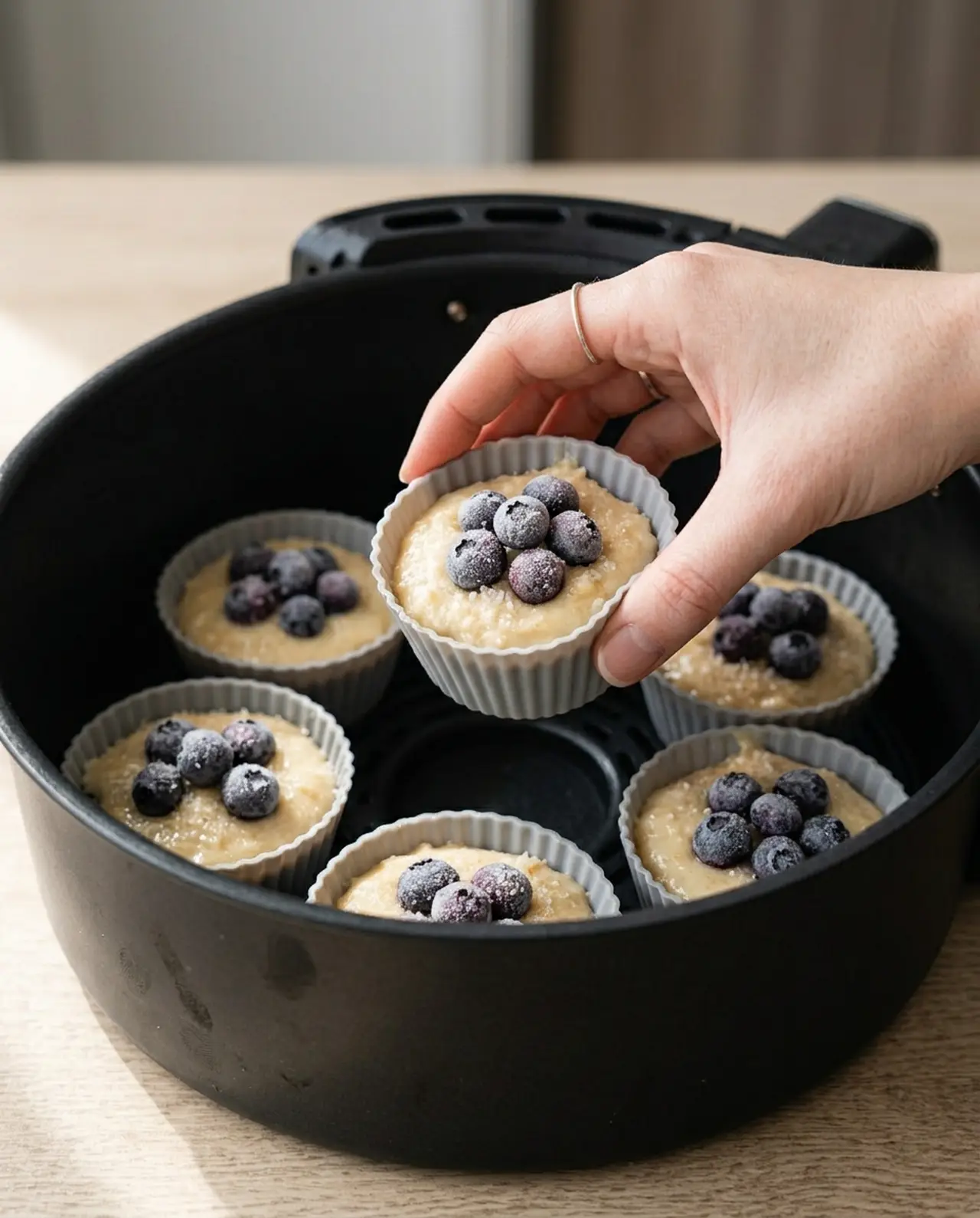 A hand lowering a filled silicone muffin cup into an air fryer basket already holding five others arranged in a ring