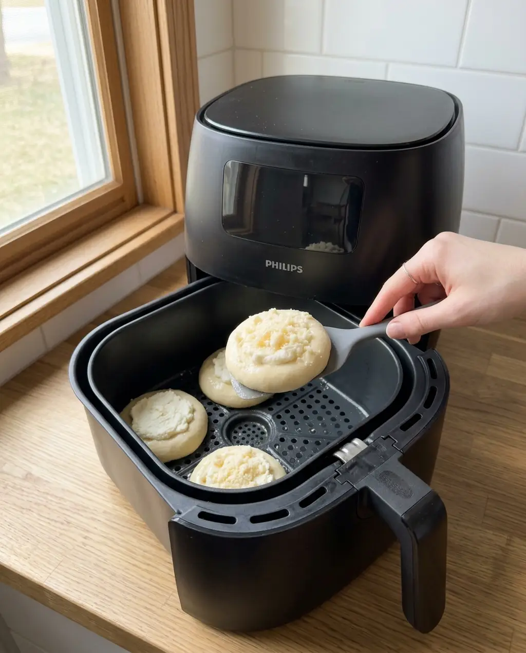 Using a spatula to place a filled, unbaked kolache into a preheated air fryer basket beside three others