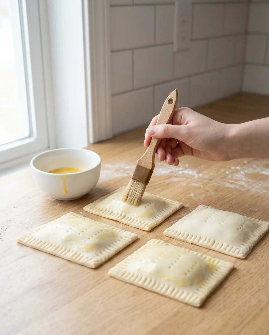 A pastry brush painting beaten egg over four assembled pop tarts whose tops already carry neat rows of fork holes