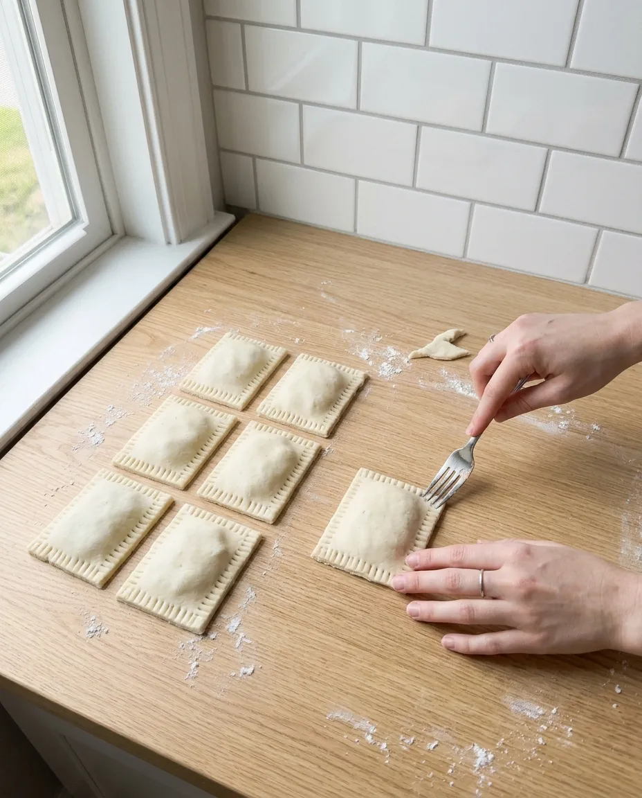 A fork pressing the edges of an assembled pop tart closed on a floured counter, with six already crimped tarts arranged alongside