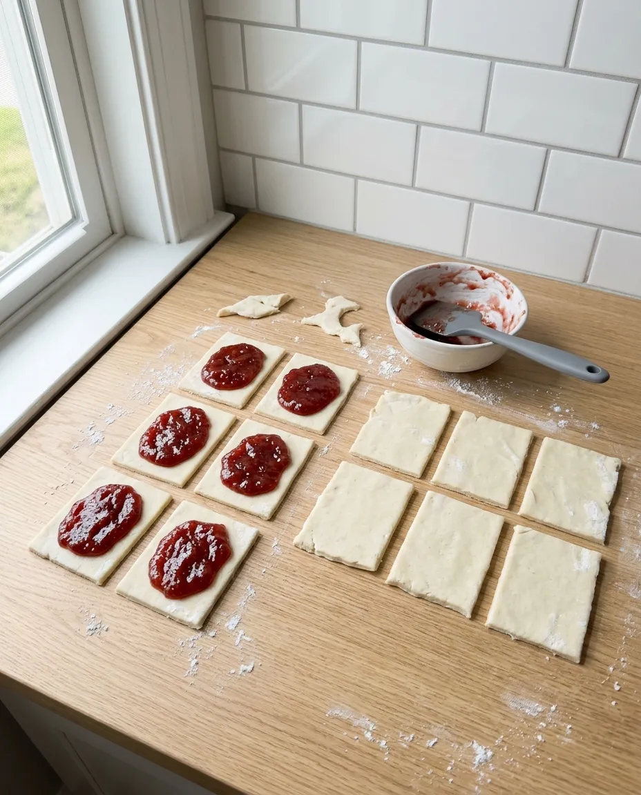 Six pie crust rectangles spread with thick strawberry jam beside six plain lid rectangles on a floured counter, with the jam bowl alongside