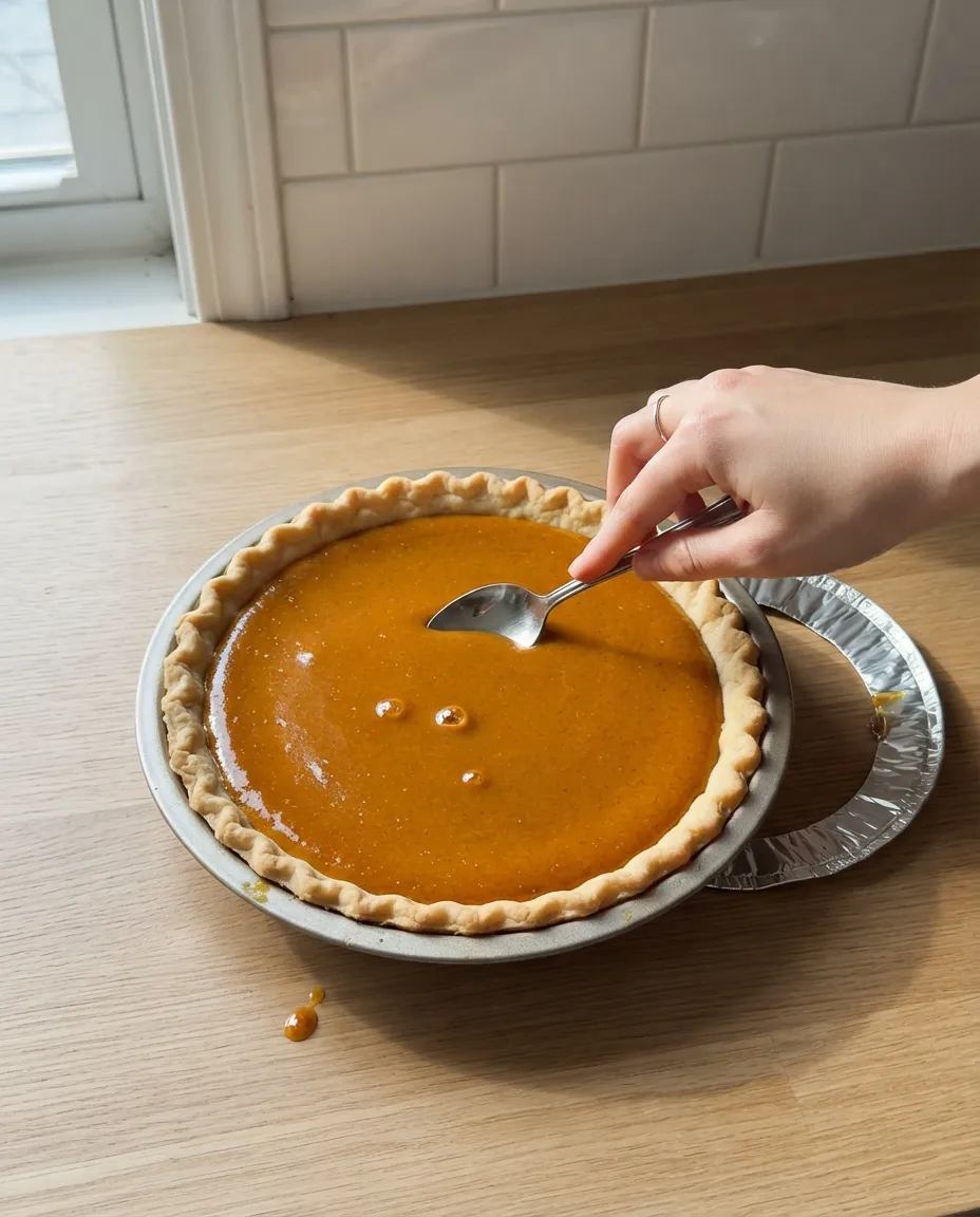 A spoon popping bubbles on the surface of pumpkin pie filling in a pie shell, with a foil ring beside the pan