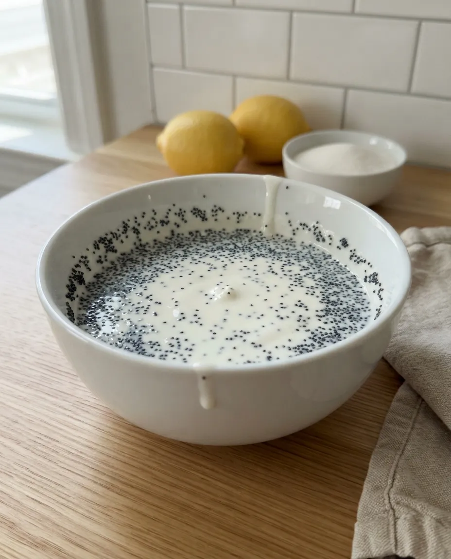 Poppy seeds soaking in a bowl of buttermilk, lemons and a bowl of sugar behind it