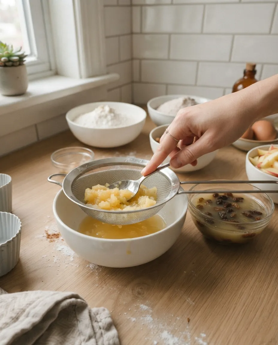 Pressing crushed pineapple in a mesh sieve with a spoon over a bowl of juice, raisins soaking in pineapple juice beside it