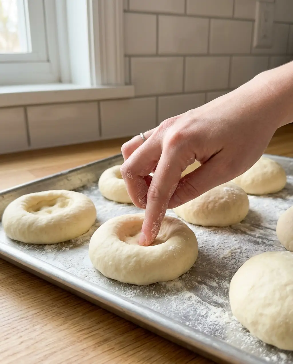 A floured finger pressing a well into a risen ball of kolache dough on a tray