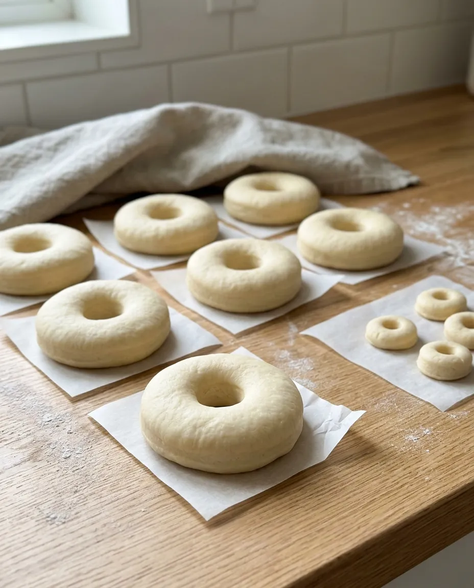 Proofed yeast donut rings, each sitting on its own parchment square
