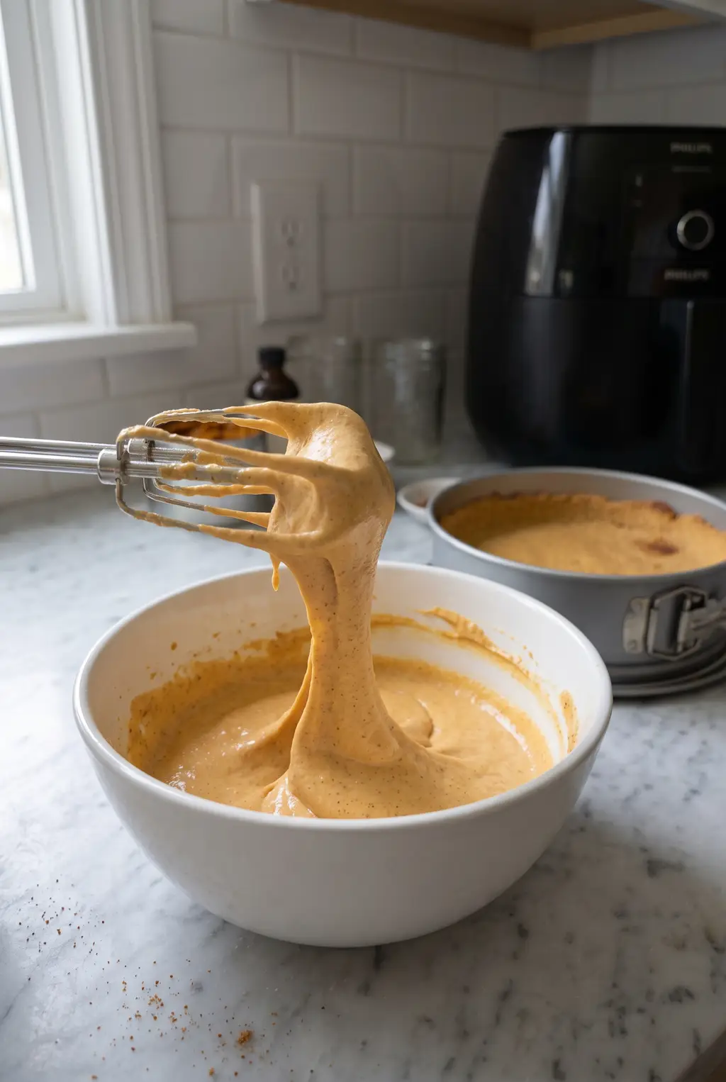 A hand mixer beater lifting thick, glossy pumpkin cheesecake batter from a white bowl, the filled springform crust waiting behind on the counter