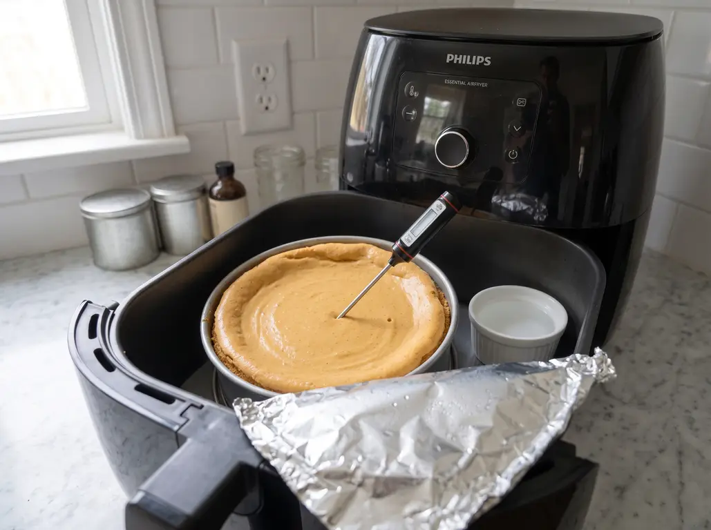 An instant-read thermometer probe inserted into the center of a baked pumpkin cheesecake in the air fryer basket, the foil tent folded back and a water ramekin beside it