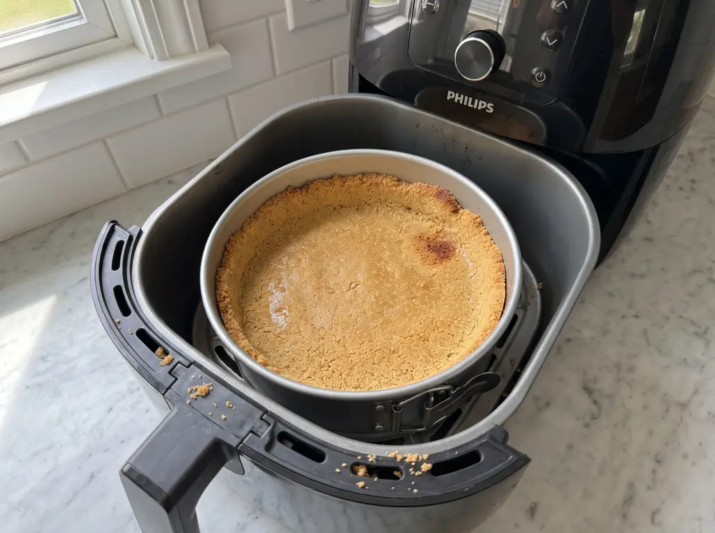 A par-baked graham cracker crust pressed into a springform pan sitting inside a Philips air fryer basket