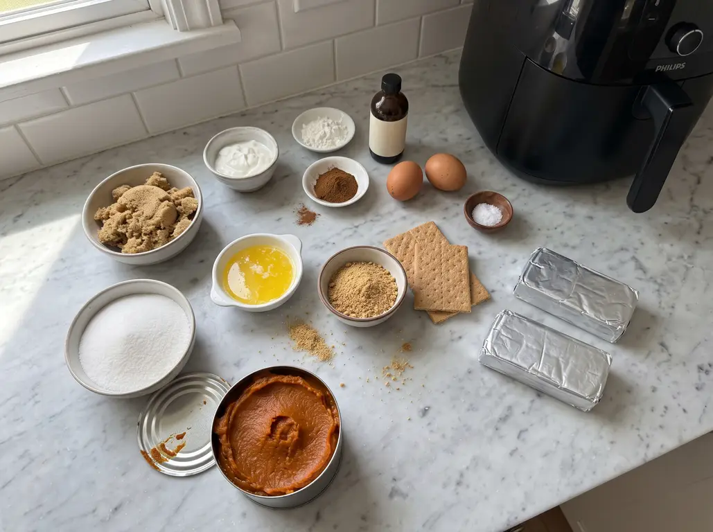 Pumpkin cheesecake ingredients on a marble counter: brown sugar, sour cream, cornstarch, vanilla, cinnamon, eggs, salt, graham crackers, melted butter, a can of pumpkin puree, and two foil-wrapped bricks of cream cheese beside a black air fryer