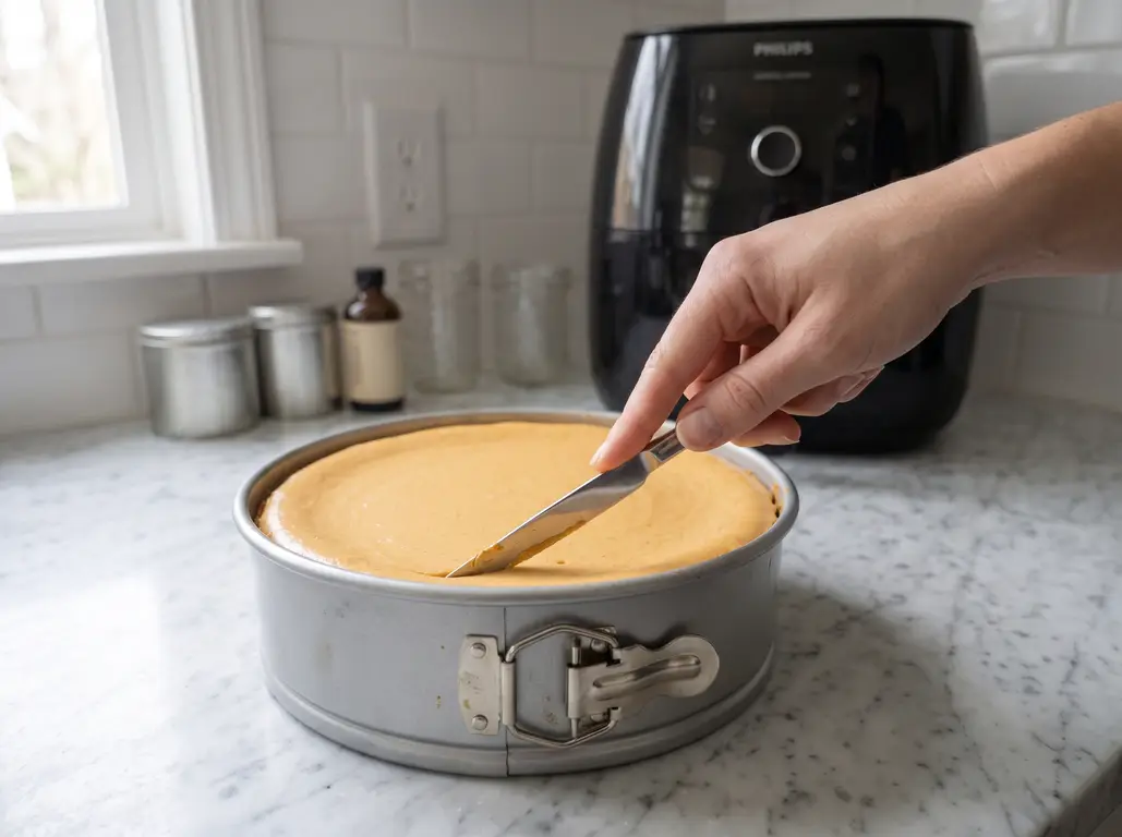 A hand running a thin knife around the rim of a set pumpkin cheesecake in its springform pan on a marble counter, an air fryer behind