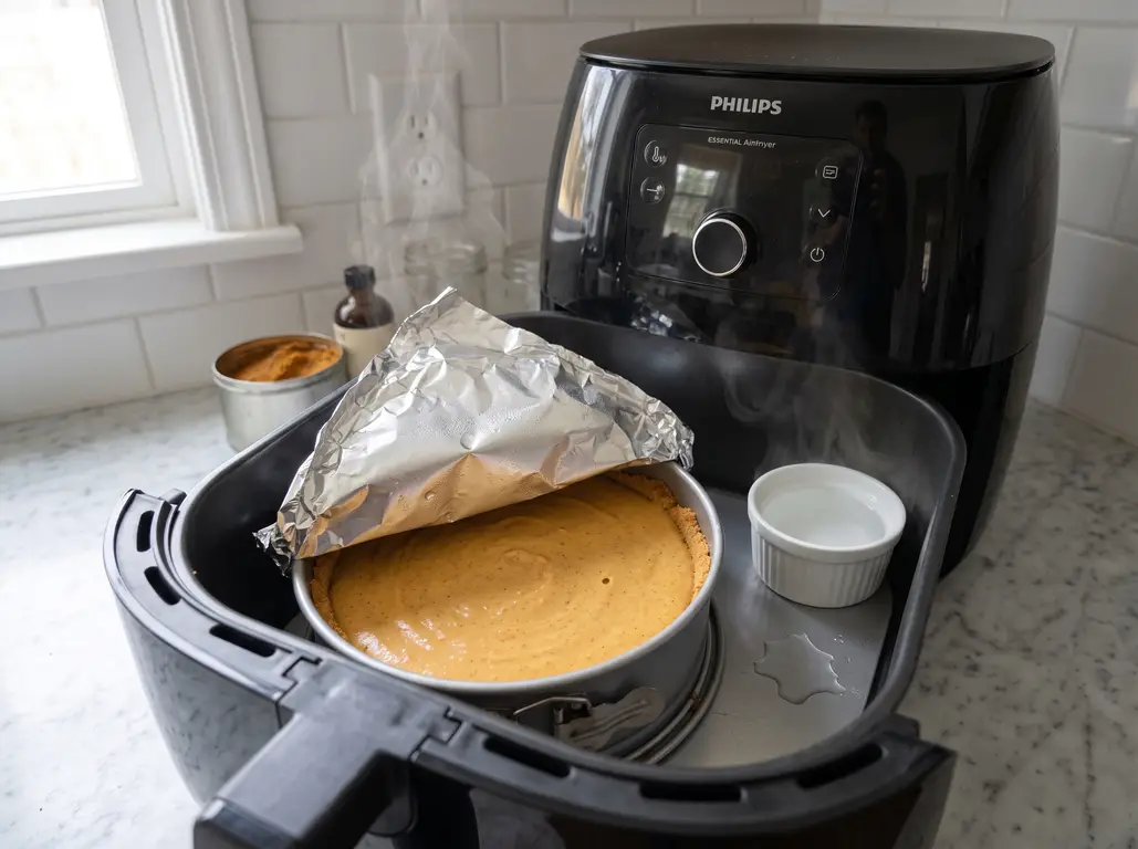 A filled springform pan of pumpkin cheesecake batter in a Philips air fryer basket with a loose foil tent going over it and a white ramekin of water steaming in the corner