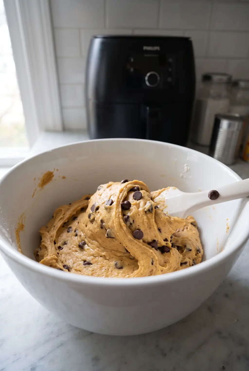 A white mixing bowl of thick pumpkin chocolate chip cookie dough with a spatula, an air fryer in the background