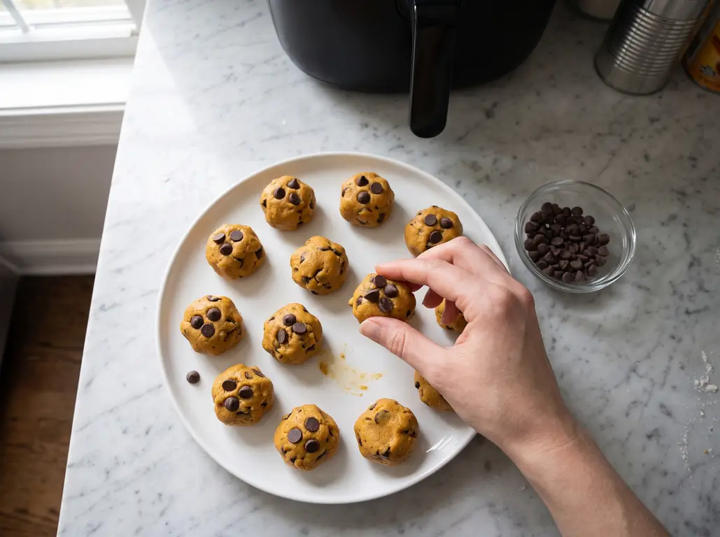A plate of scooped pumpkin cookie dough balls studded with chocolate chips, a hand pressing a few extra chips onto the tops, a bowl of chips nearby