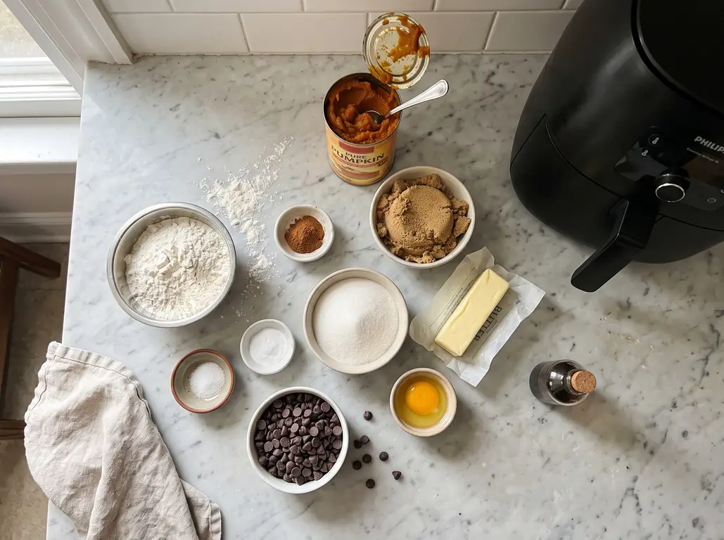Pumpkin cookie ingredients on a marble counter: a can of pure pumpkin, bowls of flour, brown sugar, white sugar, cinnamon, baking soda and salt, a stick of butter, an egg, chocolate chips, and vanilla beside a black air fryer