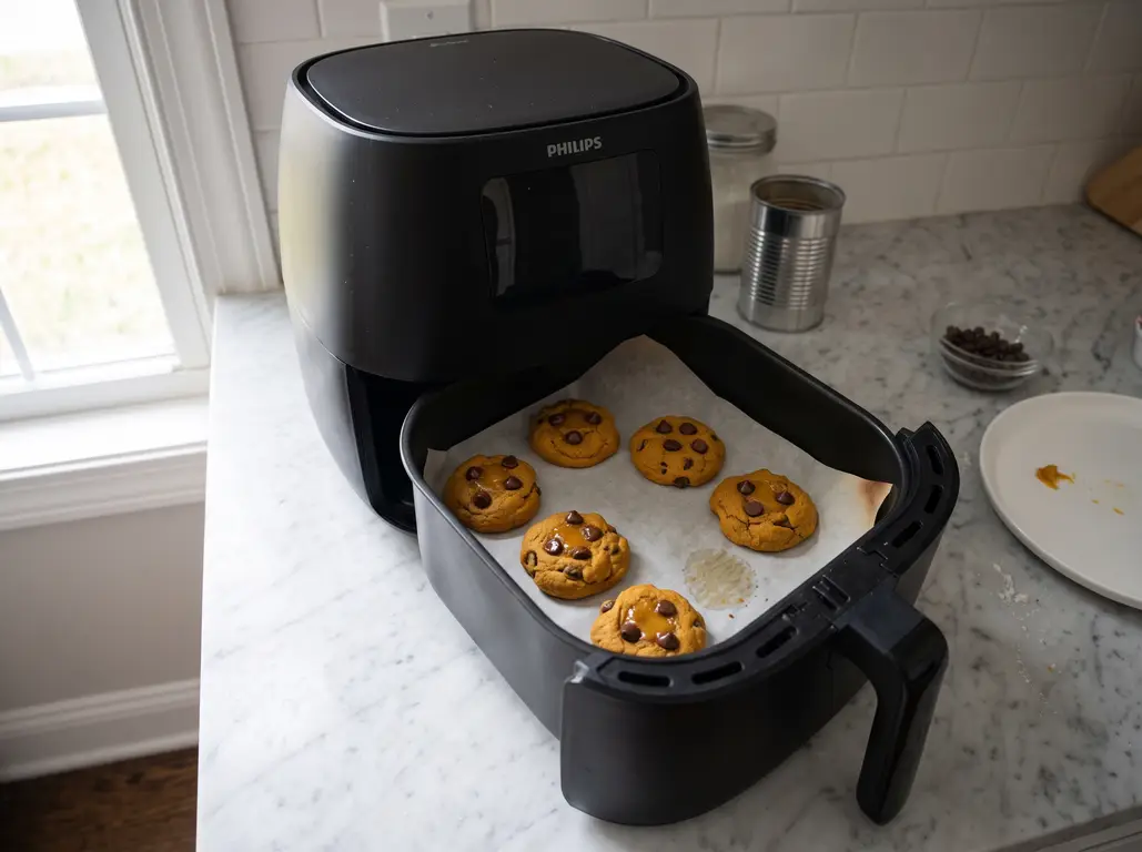 Baked pumpkin chocolate chip cookies on parchment inside a Philips air fryer basket on a marble counter