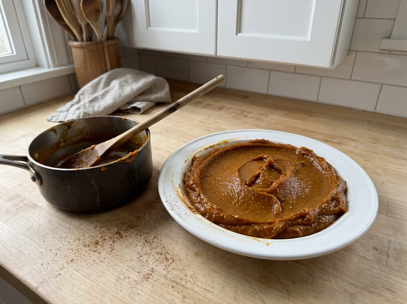Thick pumpkin filling cooked down in a saucepan