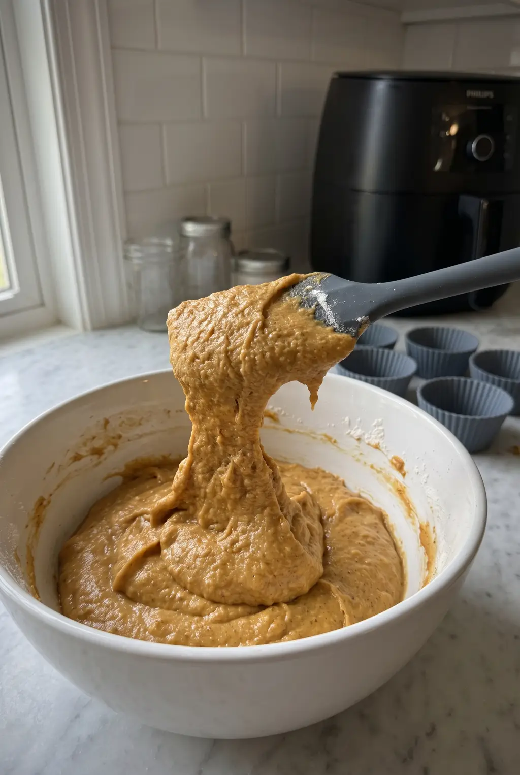 Thick pumpkin muffin batter lifted on a spatula over a white mixing bowl