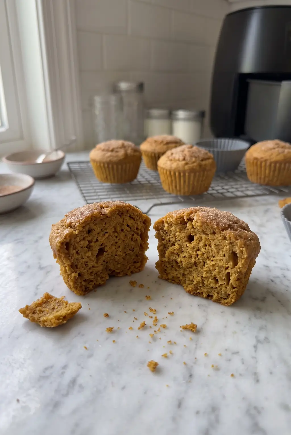 A pumpkin muffin split open to show a moist, even crumb