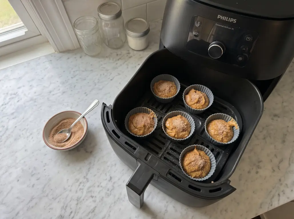 Six silicone cups of pumpkin muffin batter topped with cinnamon sugar in an air fryer basket