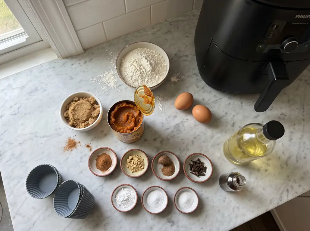 Pumpkin muffin ingredients on a counter: canned pumpkin, flour, brown sugar, eggs, oil, spices, leaveners and silicone muffin cups