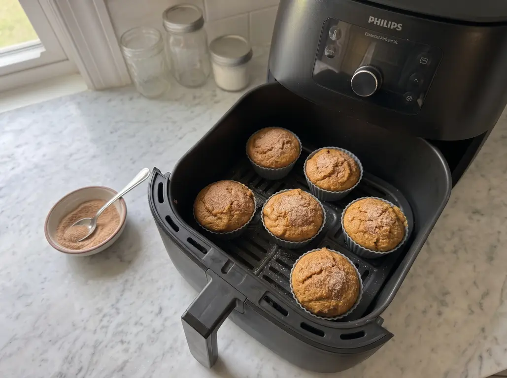 Six domed air fryer pumpkin muffins with cinnamon sugar tops in silicone cups in the basket