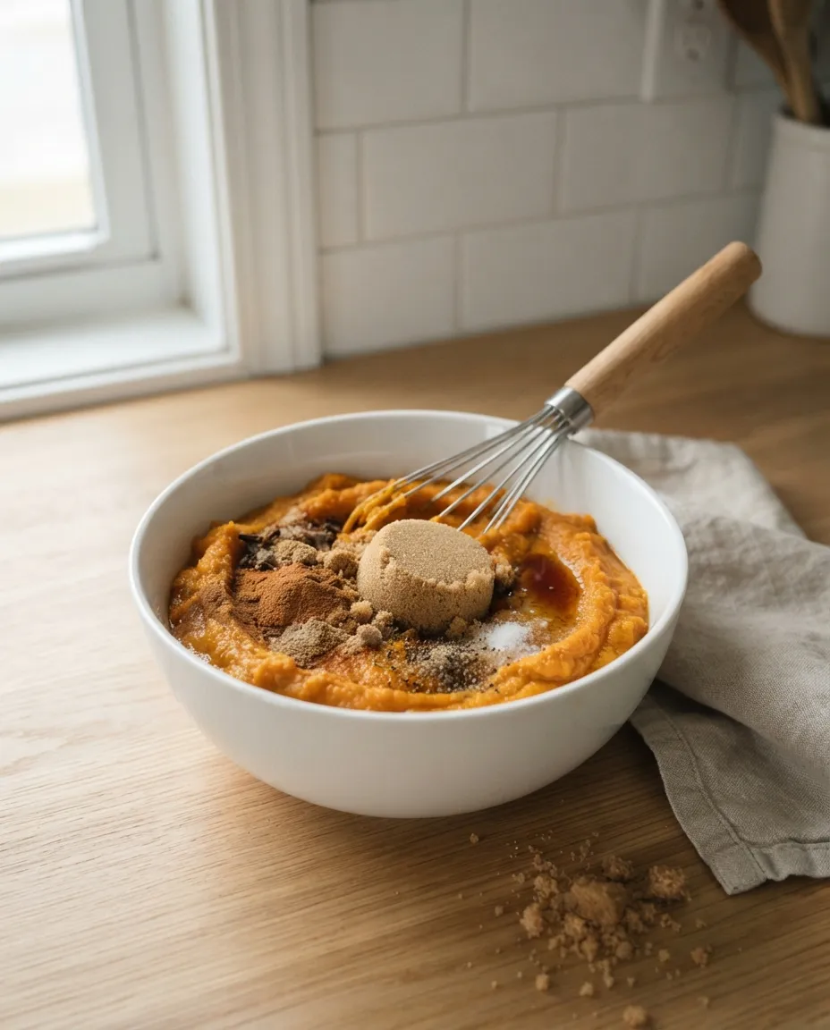 Canned pumpkin with brown sugar, spices and vanilla in a white bowl with a whisk