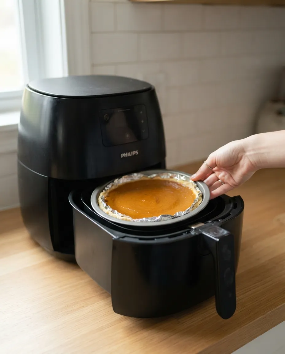 A hand placing a pumpkin pie with a foil ring on its rim into a Philips air fryer basket