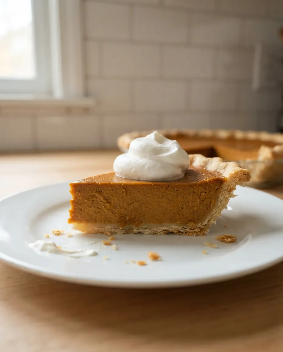 A slice of air fryer pumpkin pie with a dollop of whipped cream on a white plate